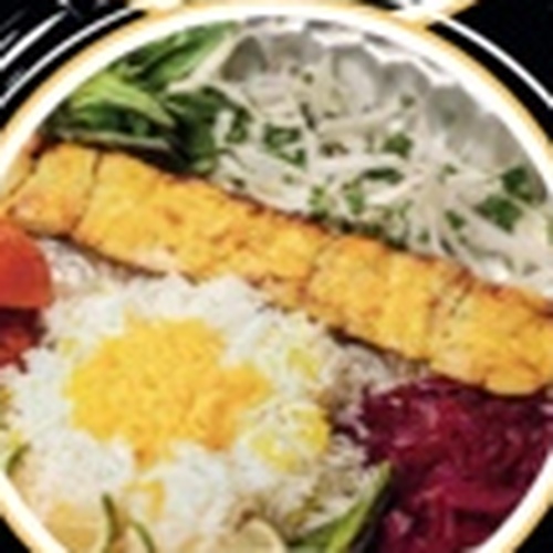 Chicken breast kebab with saffron basmati rice and grilled tomato