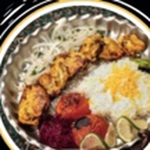 Chicken leg kebab with saffron basmati rice and grilled tomato