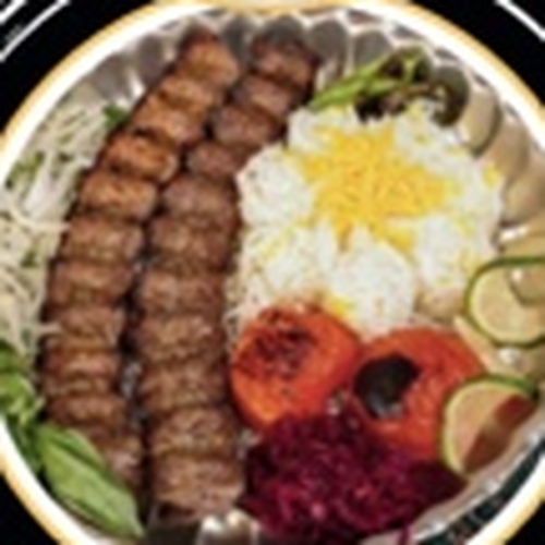 Double skewer koobideh with saffron basmati rice and grilled tomato