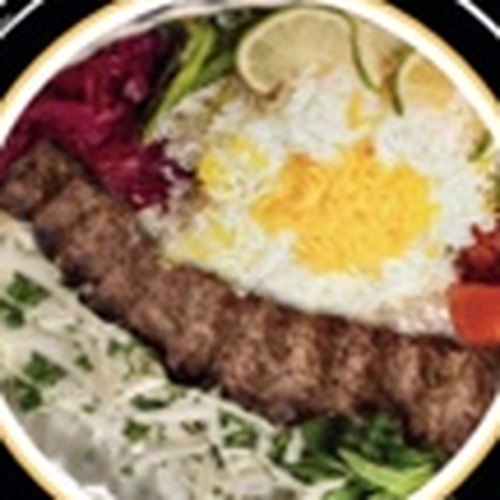 One skewer koobideh with saffron basmati rice and grilled tomato